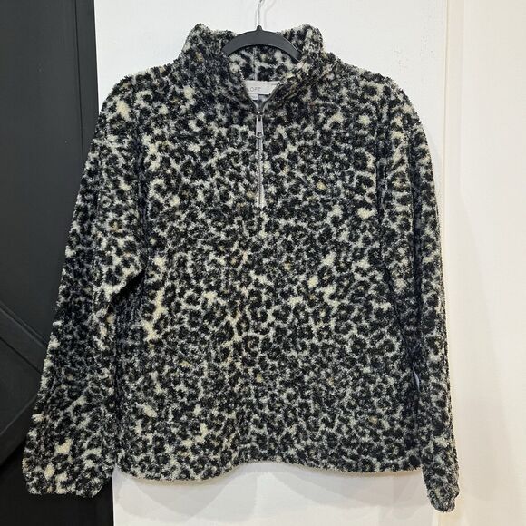 LOFT Tops - LOFT Leopard Print Textured Fuzzy Sherpa Quarter Zip Pullover Size Small